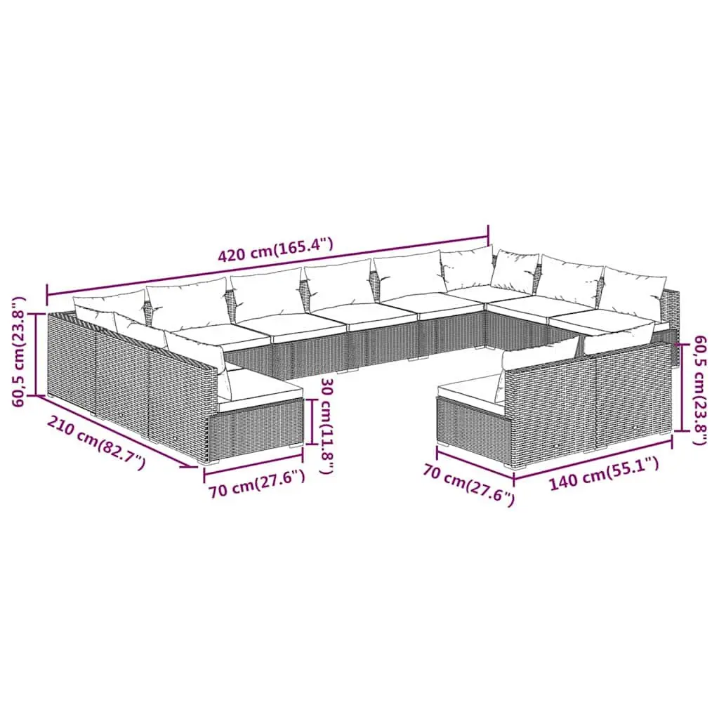 12 Piece Outdoor Garden Lounge Set with Cushions Black Poly Rattan Modular Patio