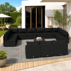 14 Piece Black Rattan Lounge Set with Comfortable Cushions