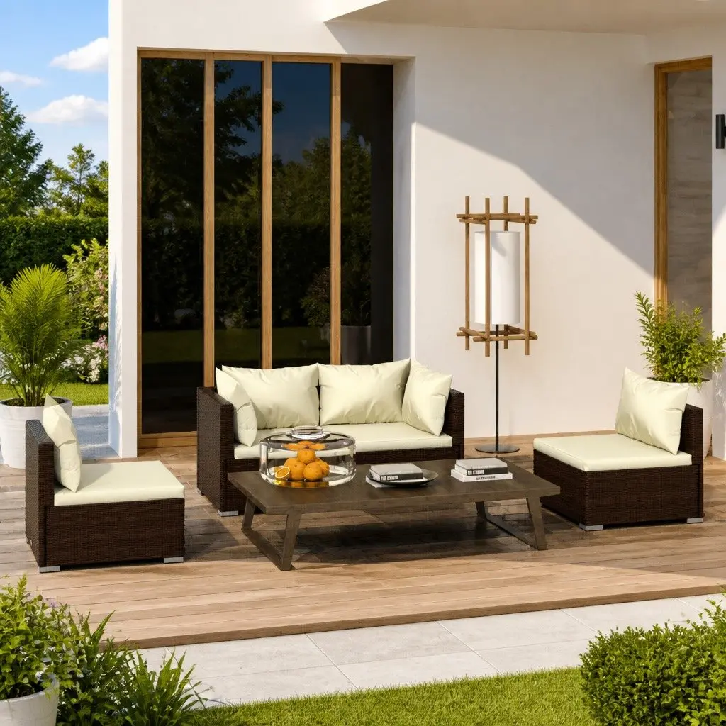 Garden Lounge Set 4 Piece Outdoor Patio Furniture with Cushions Brown Rattan