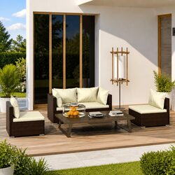 Garden Lounge Set 4 Piece Outdoor Patio Furniture with Cushions Brown Rattan