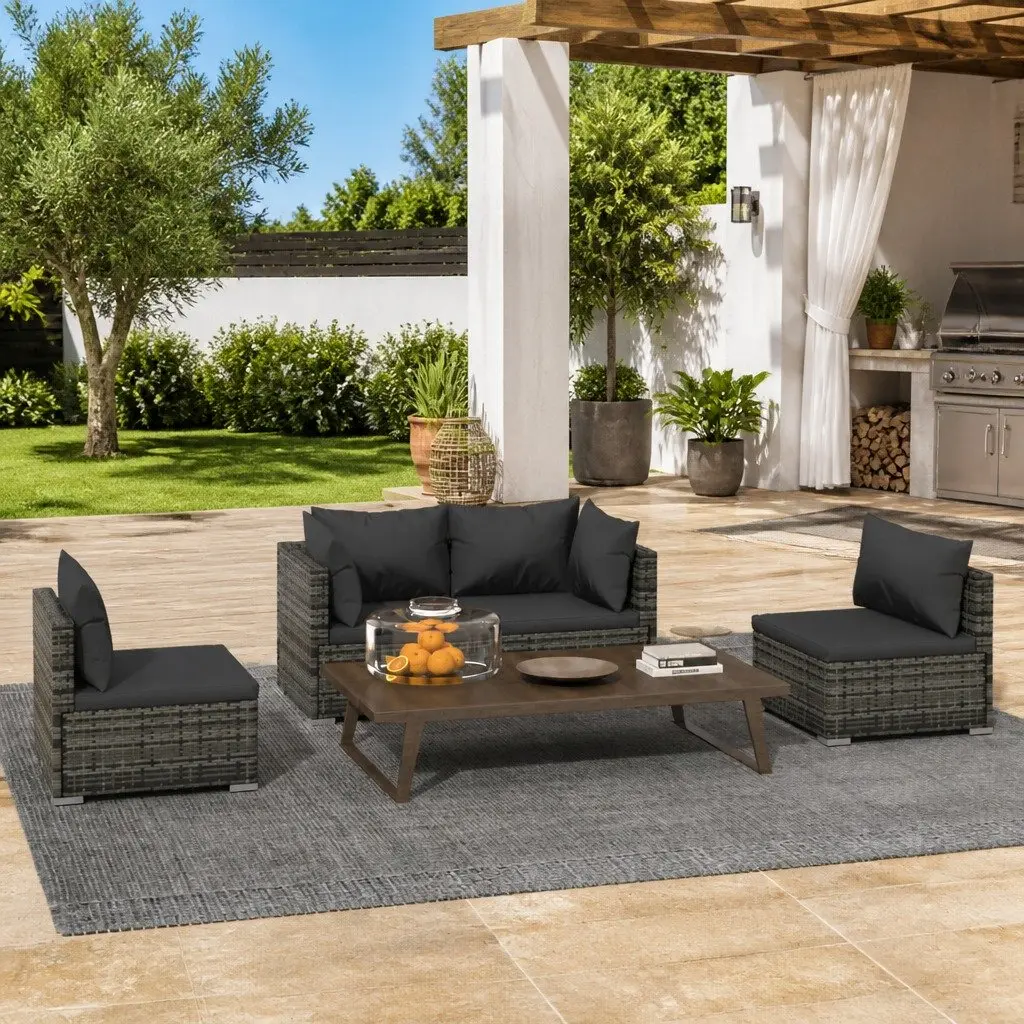 Garden Lounge Set Modular Outdoor Furniture 4 Piece Grey Poly Rattan Sofa