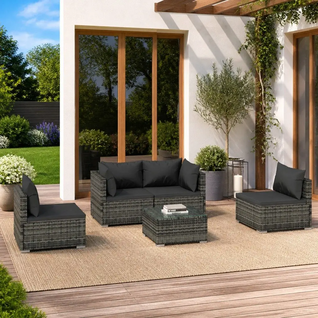 Outdoor Patio Furniture Set 5 Piece Modular Grey Rattan Lounge with Cushions