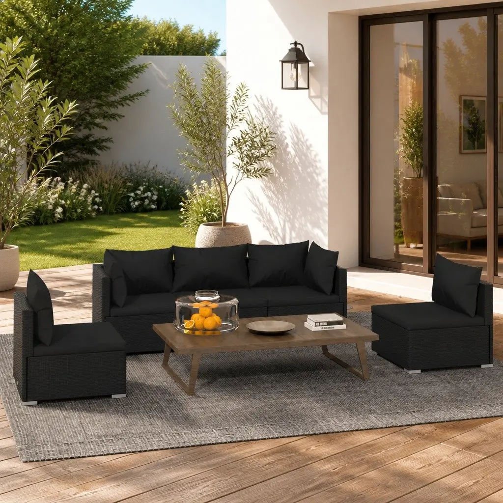 5 Piece Outdoor Lounge Set Garden Patio Furniture Rattan Sofa Black