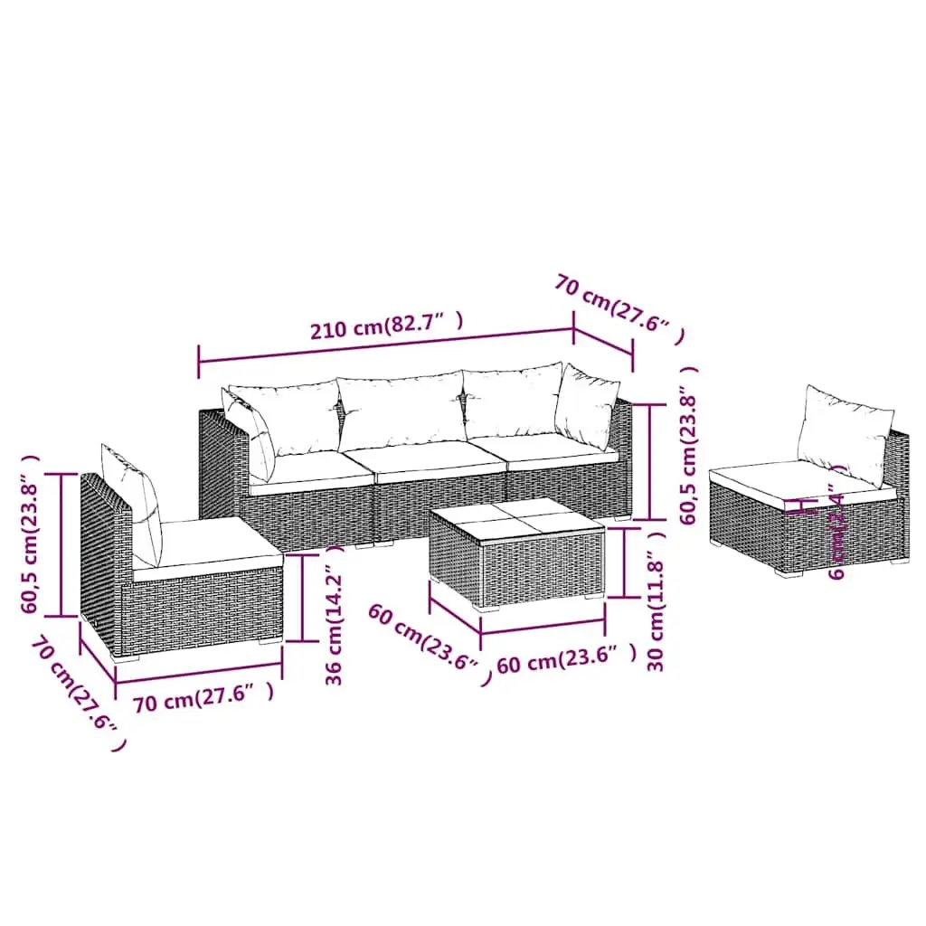 Garden Lounge Set 6 Piece Outdoor Patio Furniture Modular Rattan Sofa Black