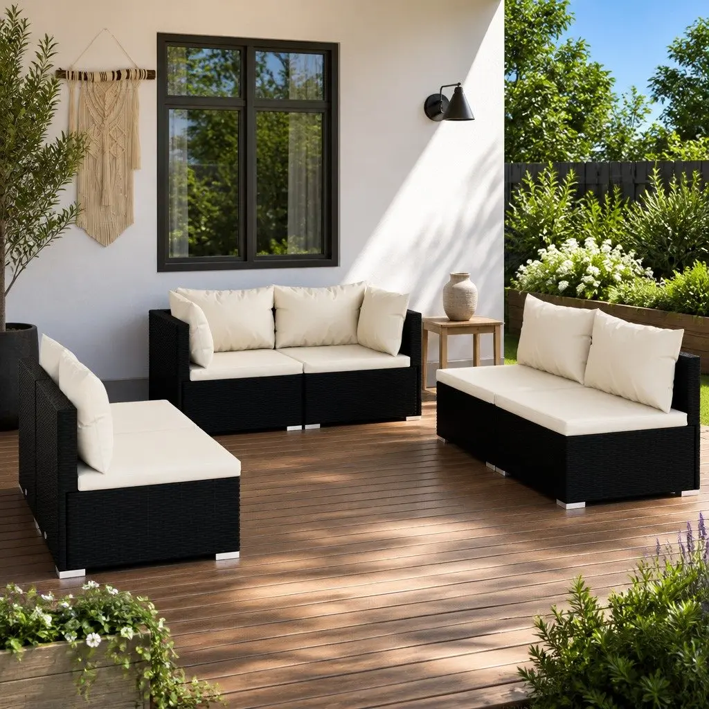 Garden Lounge Set 6 Piece Modular Outdoor Patio Furniture PE Rattan Black Sofa
