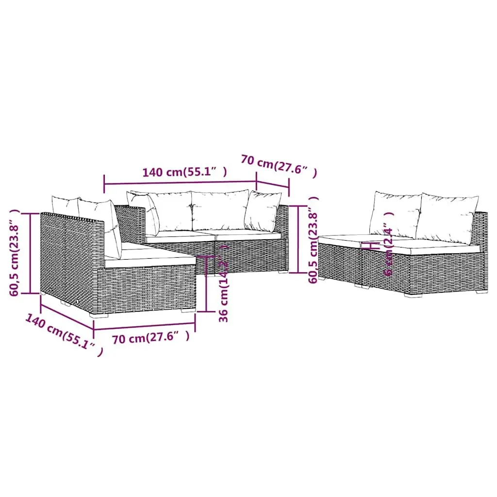 Outdoor Modular Rattan Sofa Set 6 Piece Black Garden Patio Furniture