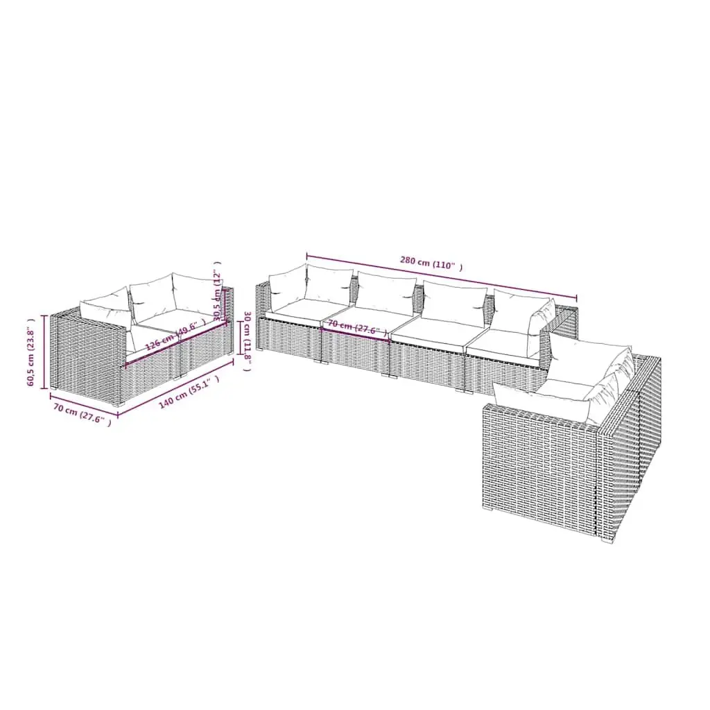 Garden Lounge Set 8 Piece Outdoor Patio Furniture Brown Poly Rattan Modular Sofa