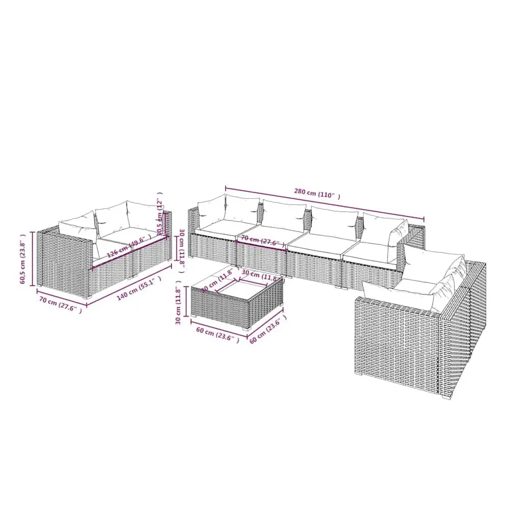 Garden Lounge Set 9 Piece Outdoor Furniture with Cushions Poly Rattan Grey Patio