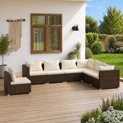 Garden Lounge Set 7 Piece Outdoor Patio Furniture Brown Rattan with Cushions