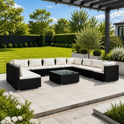11 Piece Garden Lounge Set with Cushions Black Poly Rattan Outdoor Furniture