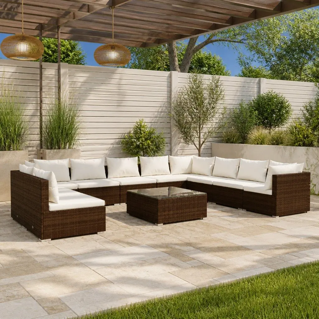 Garden Lounge Set 11 Piece Modular Outdoor Furniture Brown Cushions