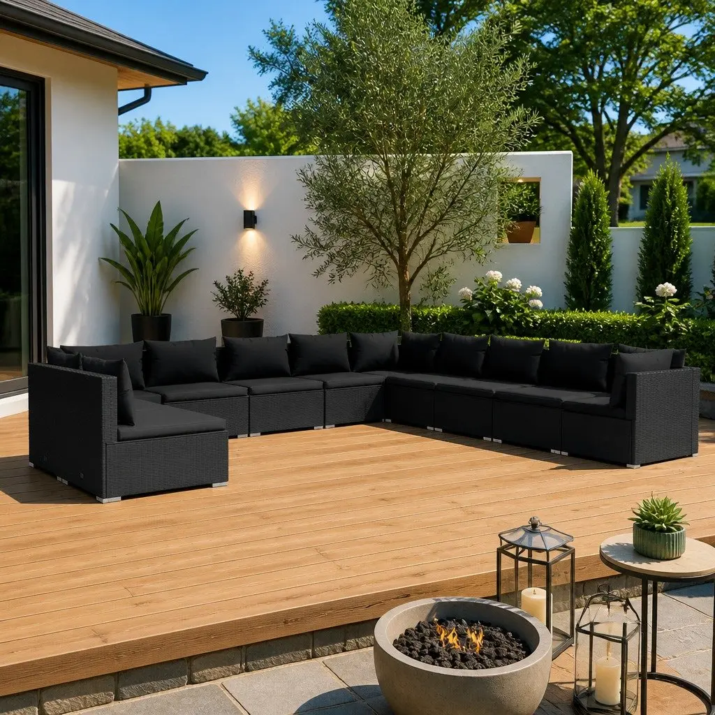 Garden Lounge Set 11 Piece Outdoor Relaxation Furniture Modular Black Poly Rattan