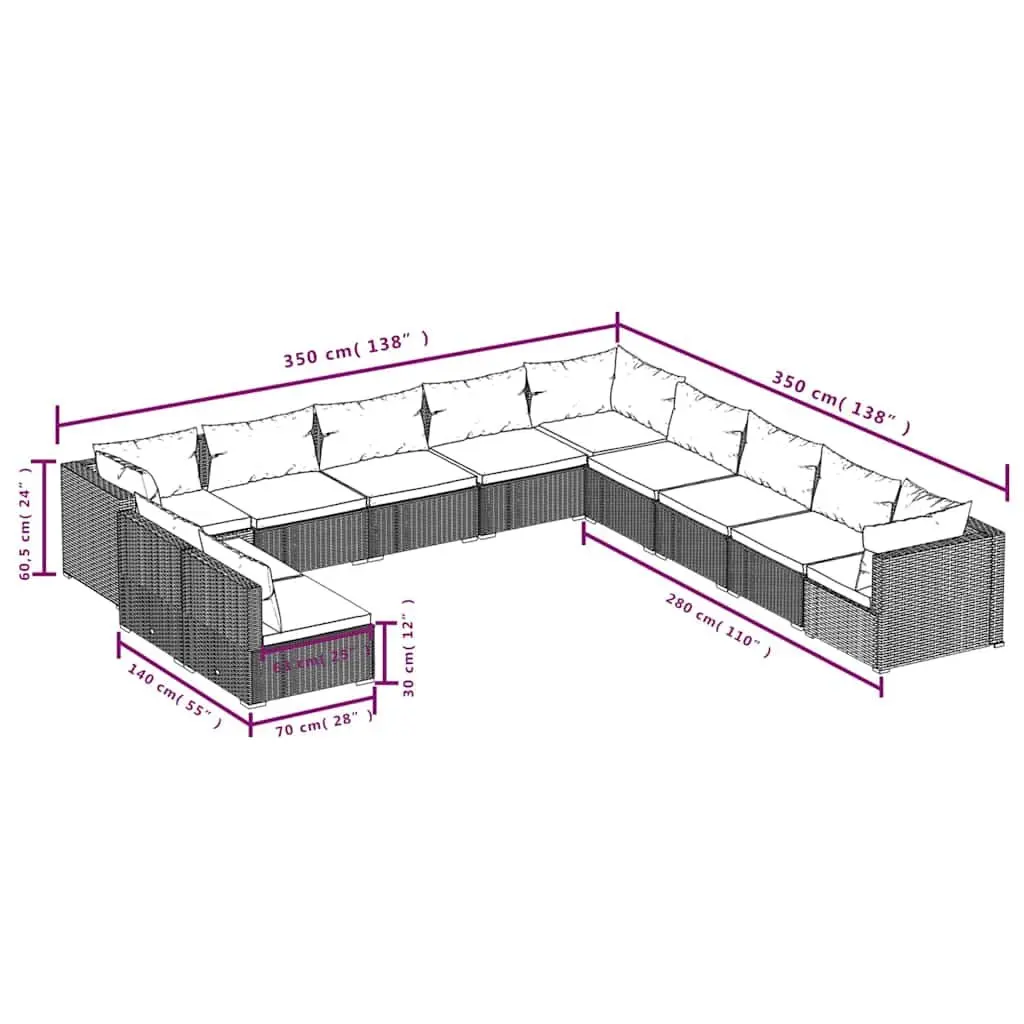Garden Lounge Set 11 Piece Outdoor Relaxation Furniture Modular Black Poly Rattan