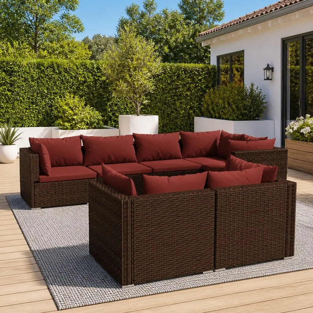 7 Piece Outdoor Garden Lounge Set with Cushions Brown Poly Rattan Patio