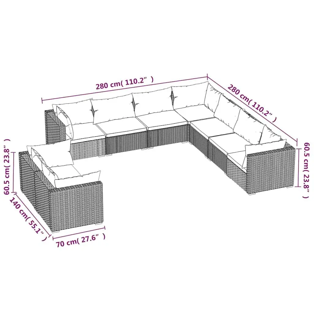 9 Piece Garden Lounge Set Outdoor Patio Furniture Brown Poly Rattan Modular Sofa