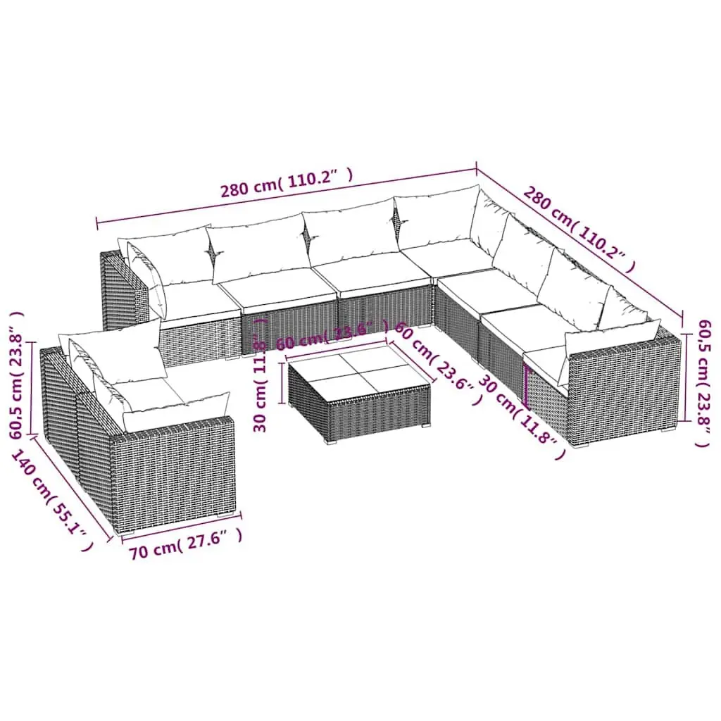 Modular Outdoor Lounge Set 10 Piece Black Poly Rattan Patio Furniture Relaxation