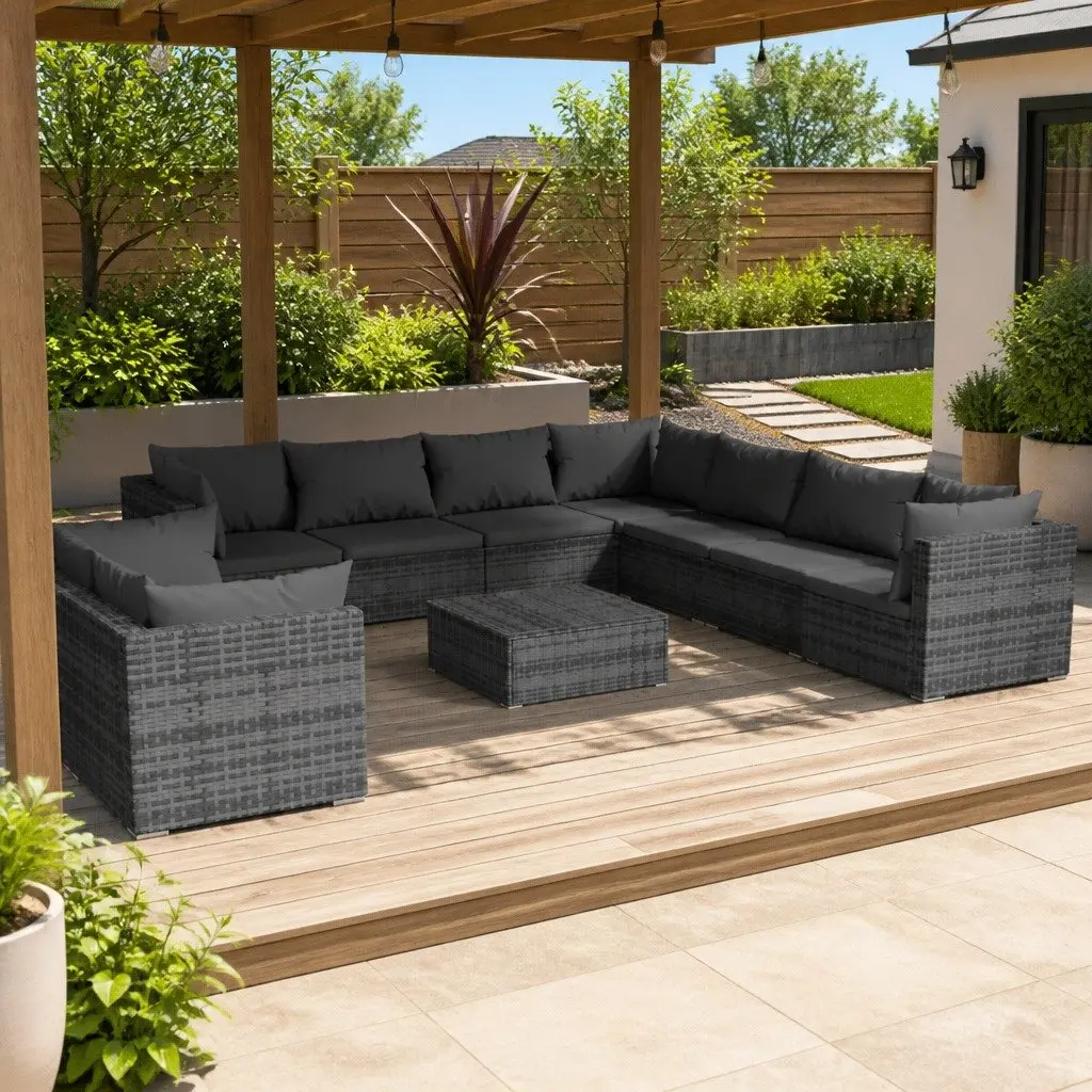 10 Piece Garden Lounge Set Outdoor Relaxation Modular Grey Poly Rattan Sofa with Cushions