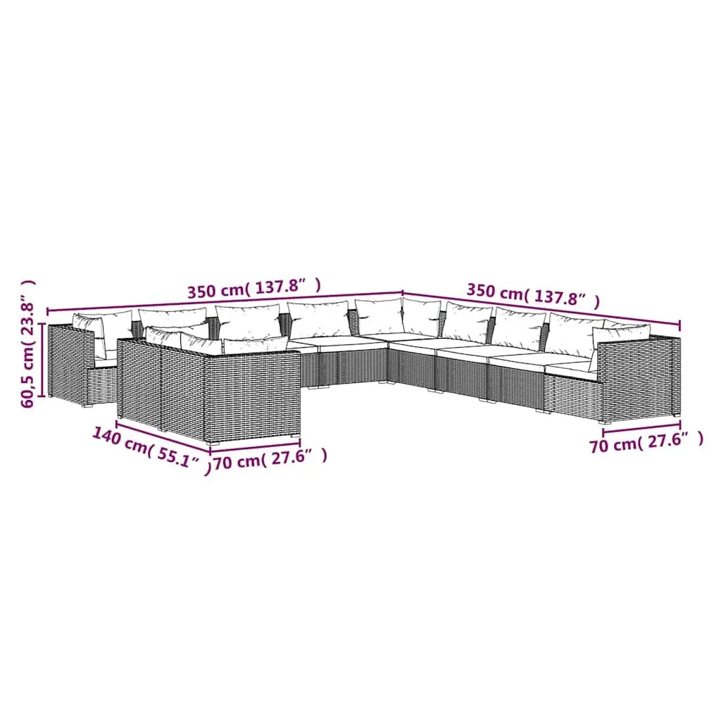 Modular Garden Lounge Set 11 Piece Black Poly Rattan with Cushions