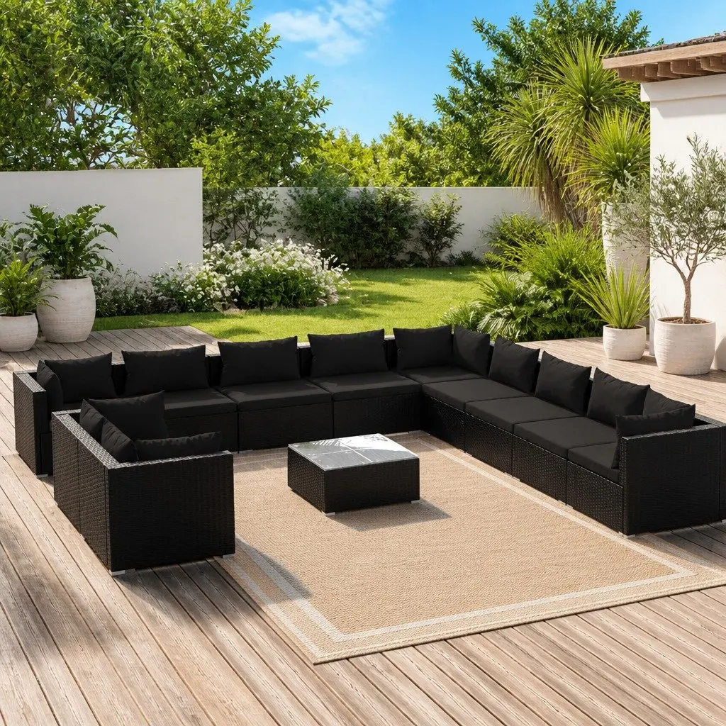 12 Piece Garden Lounge Set Outdoor Patio Furniture Modular Black Poly Rattan
