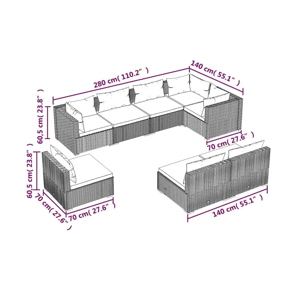 Garden Lounge Set 8 Piece Poly Rattan Outdoor Furniture with Cushions Brown