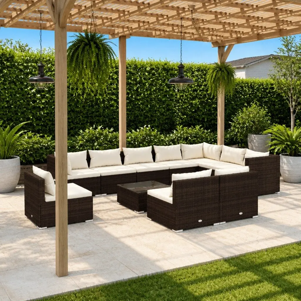 Poly Rattan Garden Lounge Set Outdoor Relaxation 11 Piece Brown Modular Sofa
