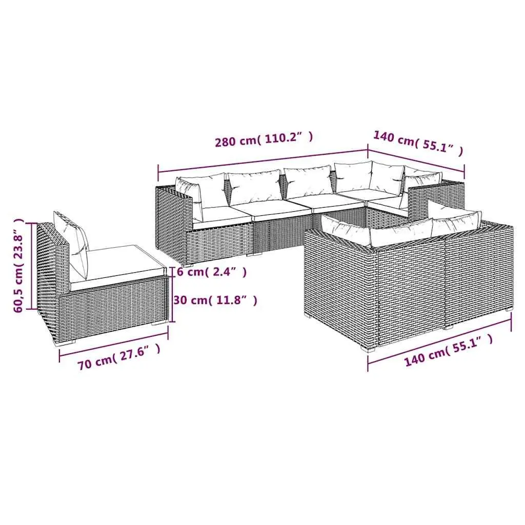 Garden Lounge Set 8 Piece Outdoor Furniture Poly Rattan Brown with Cushions