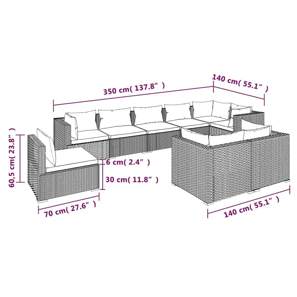 9 Piece Outdoor Garden Lounge Set Modular Poly Rattan Patio Furniture Brown