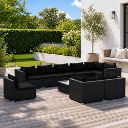 Comfortable 10-Piece Black Poly Rattan Lounge Set