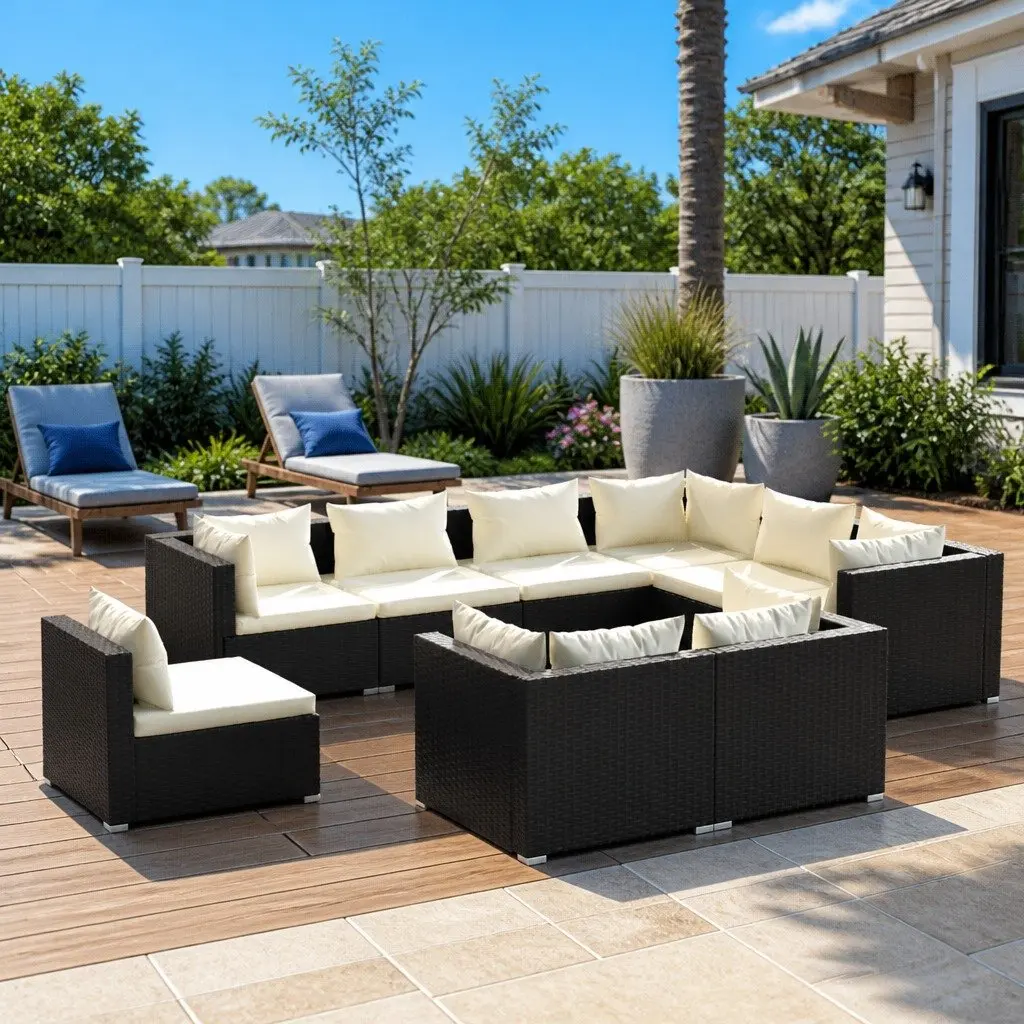 9 Piece Poly Rattan Garden Lounge Set Outdoor Patio Furniture Black