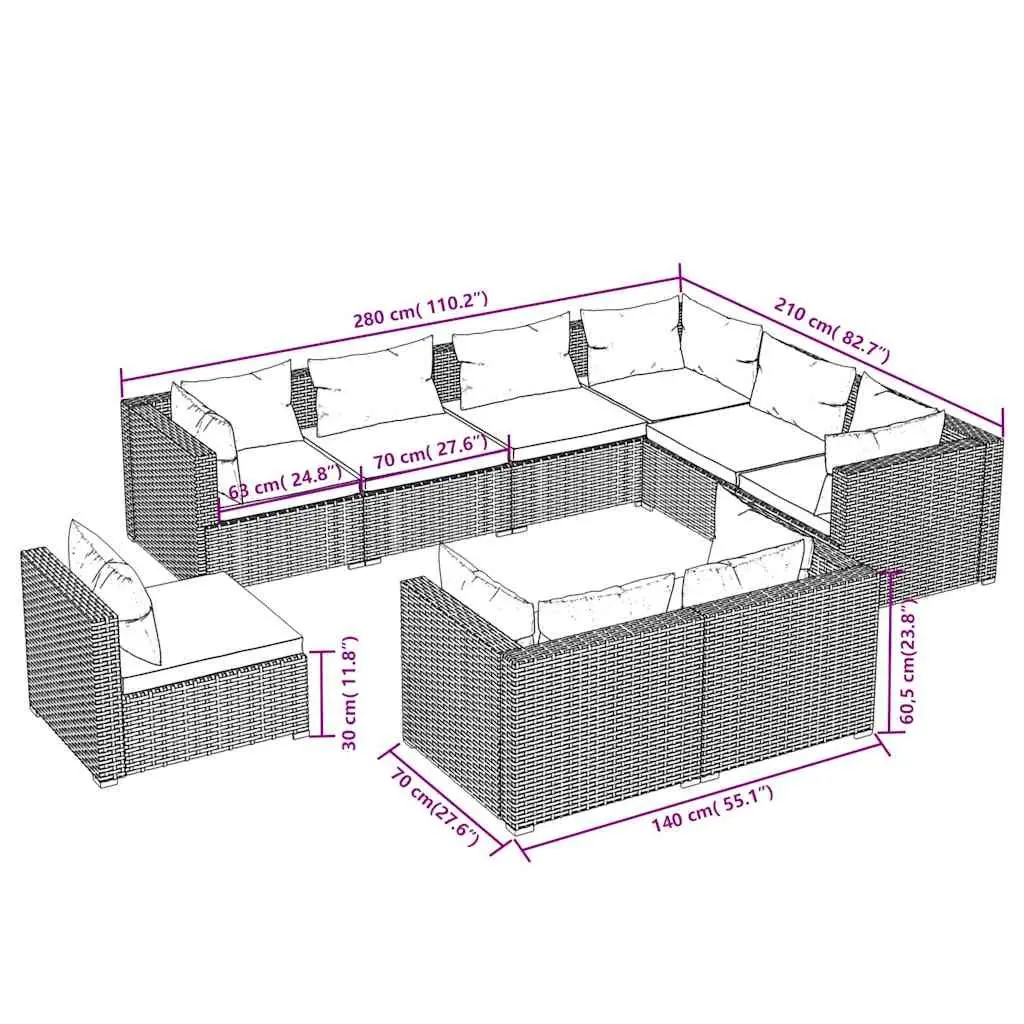 Garden Lounge Set 9 Piece Outdoor Furniture Poly Rattan Cushions Black