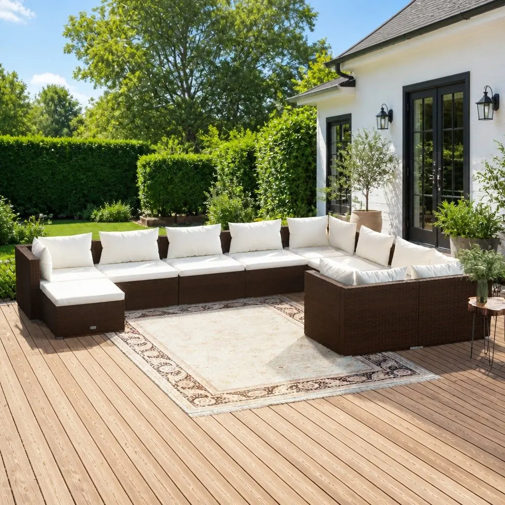 Garden Lounge Set Outdoor Furniture 10 Piece Modular Brown with Cushions