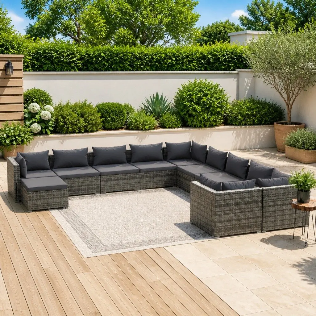 Garden Lounge Set 11 Piece Outdoor Patio Furniture Modular Grey Poly Rattan with Cushions