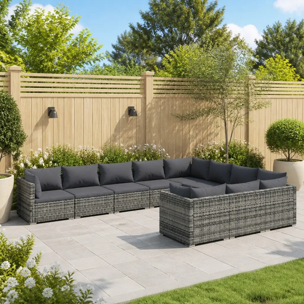 Garden Lounge Set 10 Piece Poly Rattan Outdoor Furniture with Cushions Grey