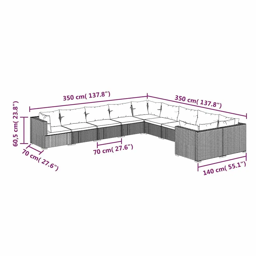 Garden Lounge Set 10 Piece Poly Rattan Outdoor Furniture Grey with Cushions