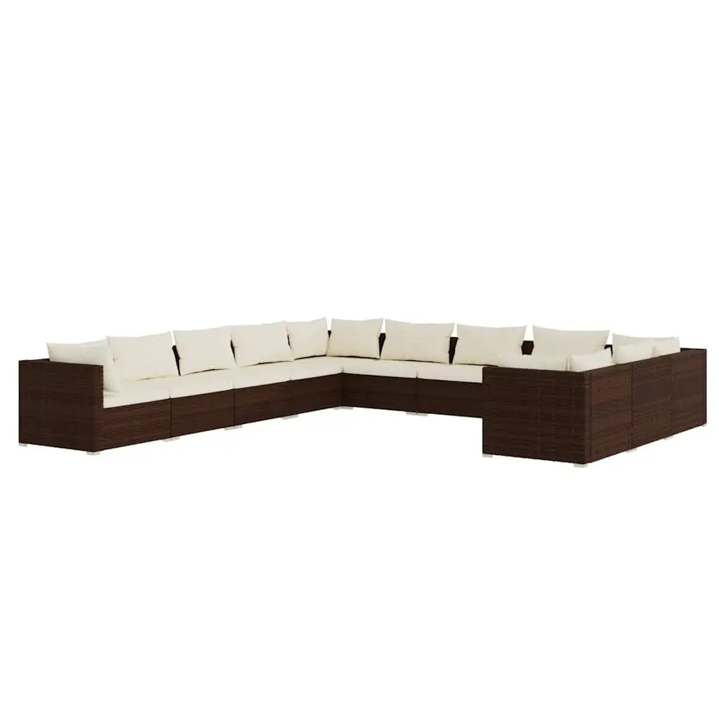 11 Piece Garden Lounge Set Outdoor Patio Furniture Modular Brown Poly Rattan with Removable Cushions