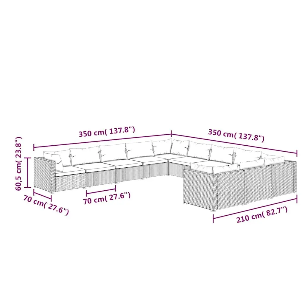 11 Piece Garden Lounge Set Outdoor Patio Furniture Modular Brown Poly Rattan with Removable Cushions