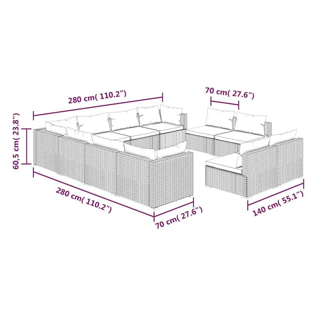 Garden Lounge Set 11 Piece Outdoor Furniture Grey Poly Rattan with Cushions