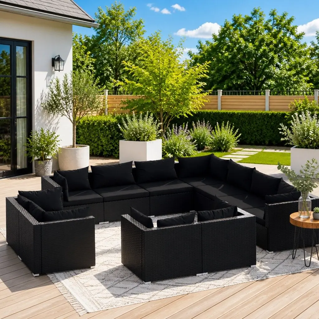 11 Piece Outdoor Lounge Set Black Poly Rattan Sofa Garden Furniture Modular Patio