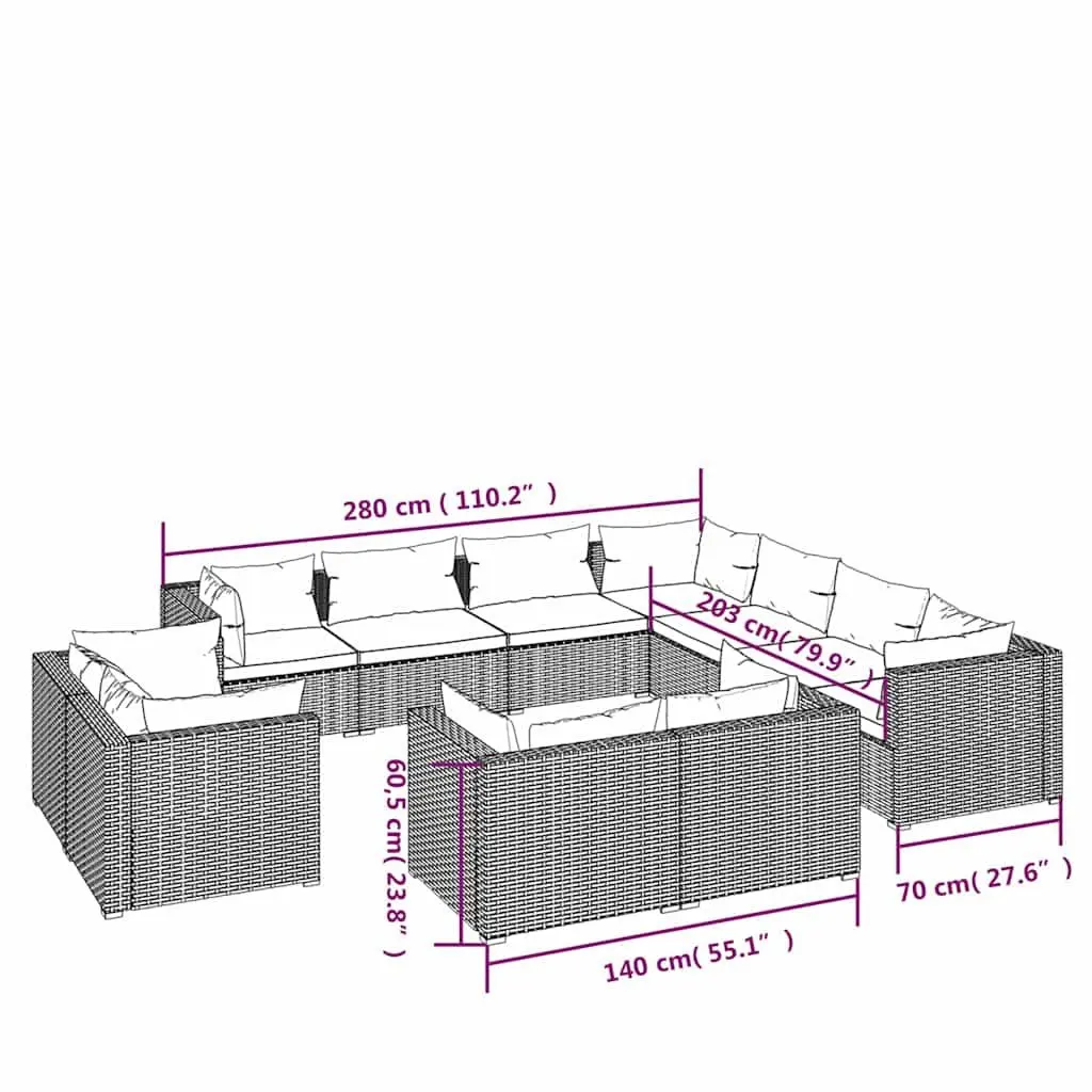 11 Piece Garden Lounge Set Poly Rattan Outdoor Furniture Brown Cushions Patio