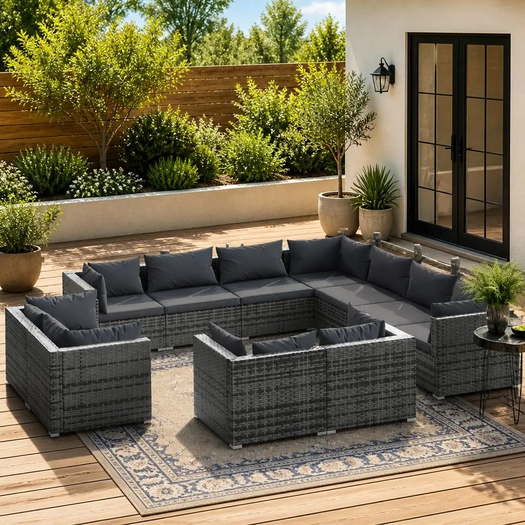 11 Piece Garden Lounge Set Grey Outdoor Furniture with Cushions