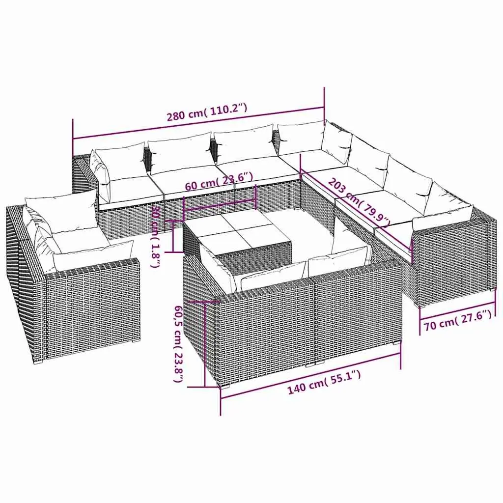 12 Piece Garden Lounge Set Outdoor Patio Furniture Poly Rattan Black