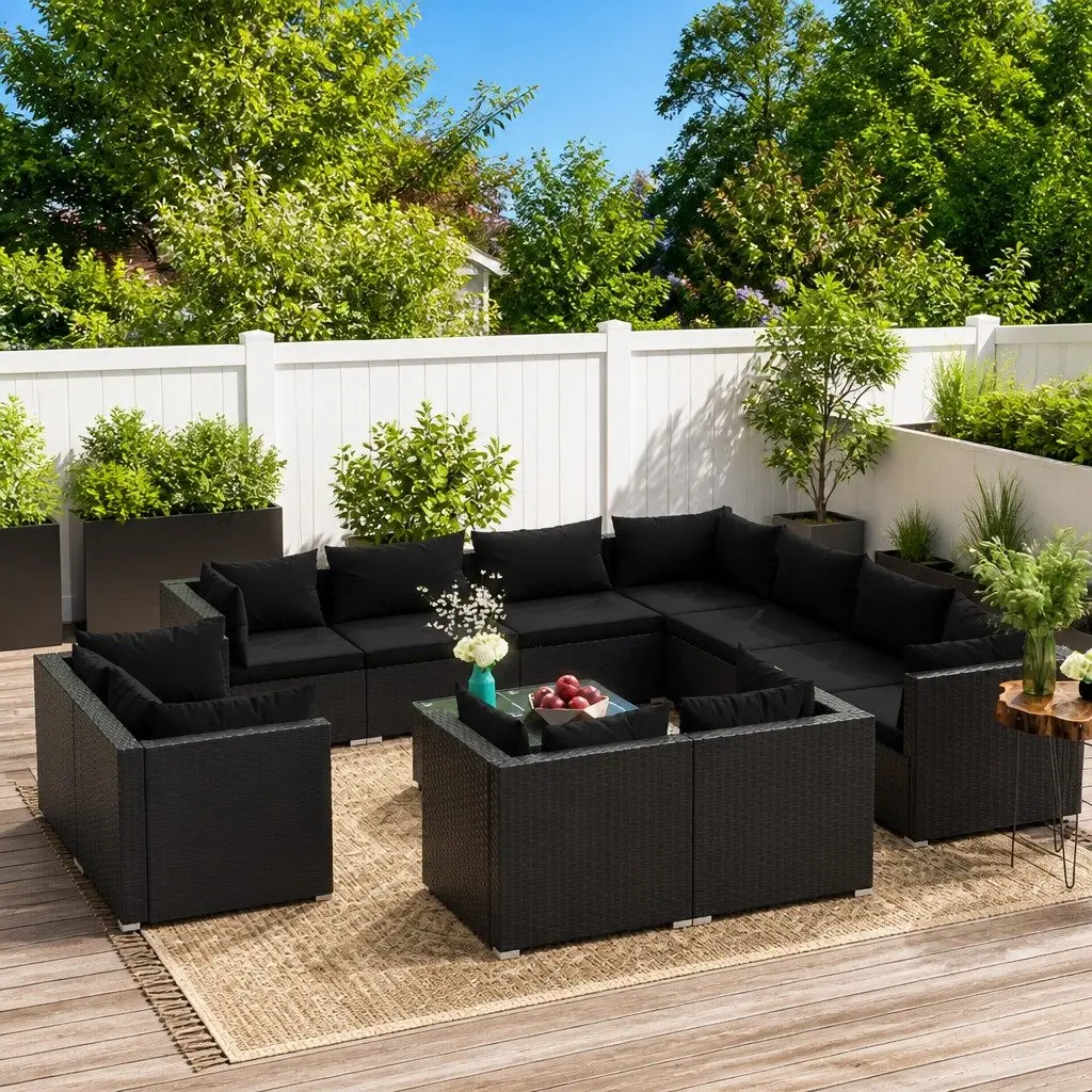 12 Piece Garden Lounge Set Outdoor Patio Furniture Black Poly Rattan