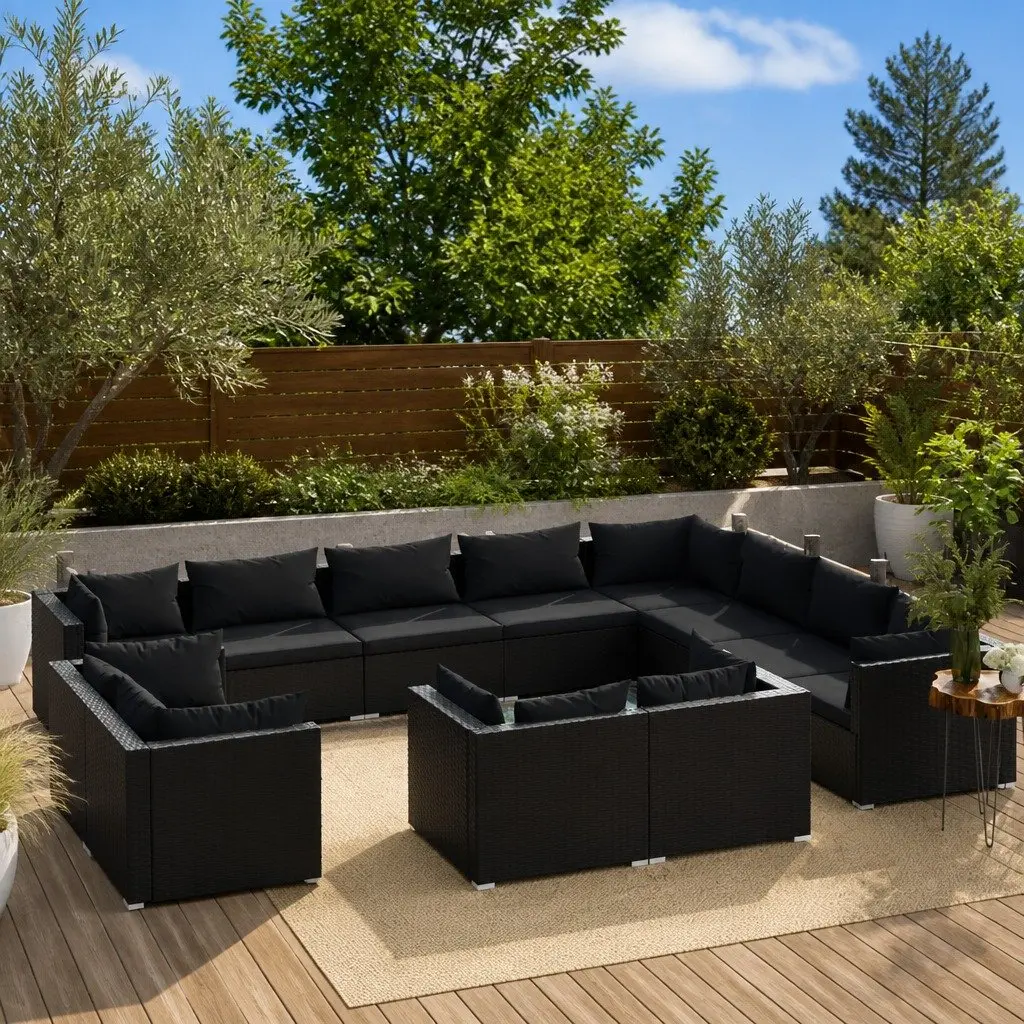12 Piece Garden Lounge Set Outdoor Modular Black Poly Rattan with Cushions