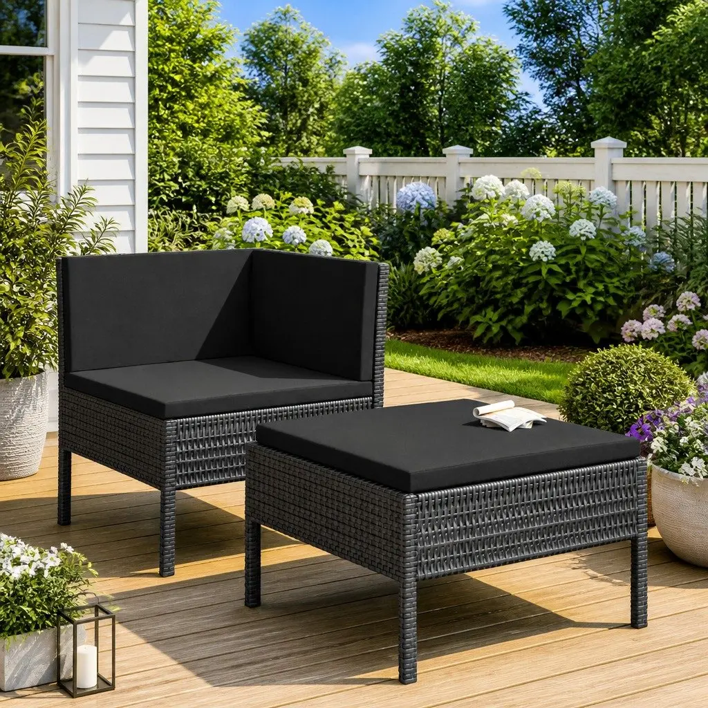 Garden Lounge Set Outdoor Furniture 2 Piece Poly Rattan Cushions Black