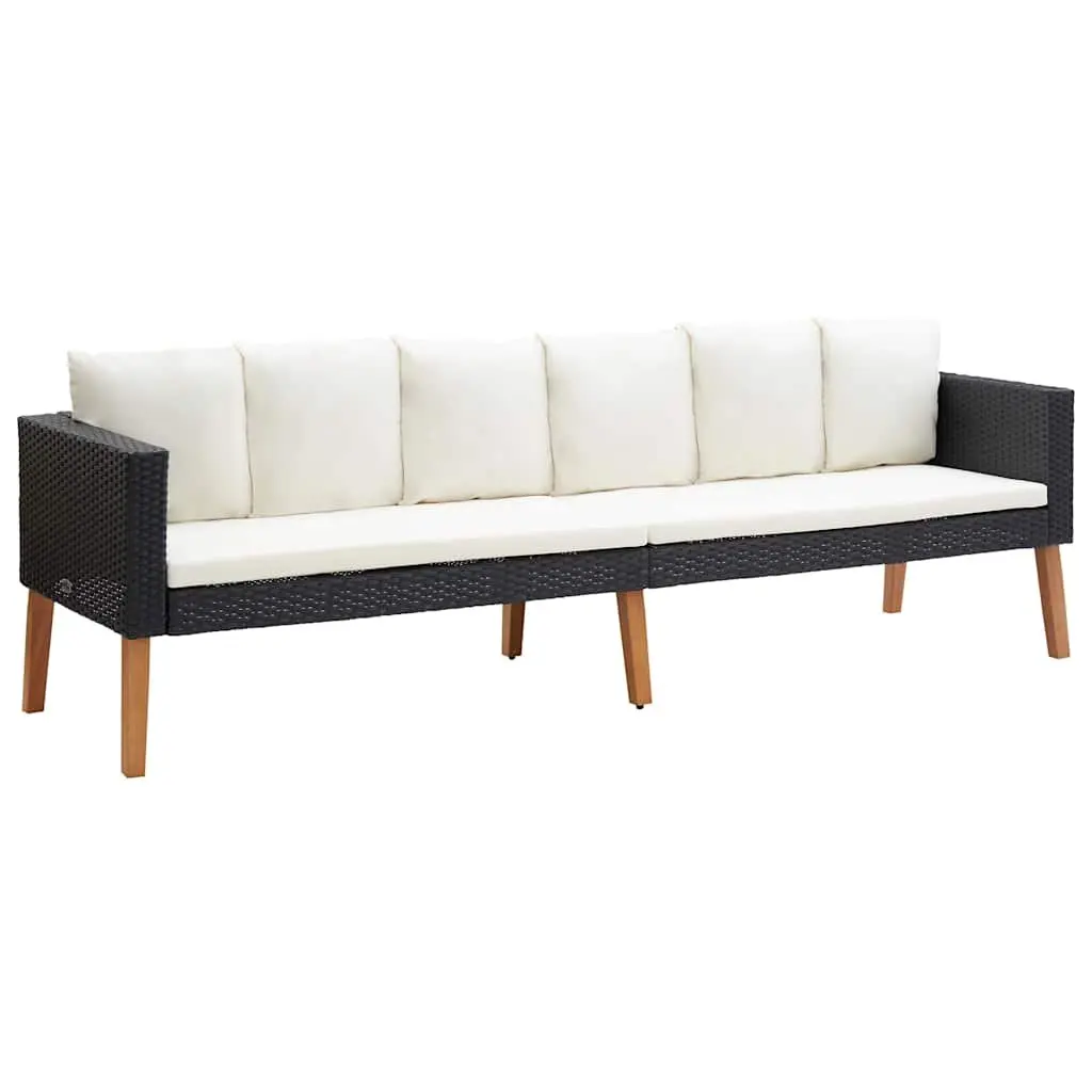 3-Seater Garden Sofa Black Poly Rattan Outdoor Lounge Seating with Cushions