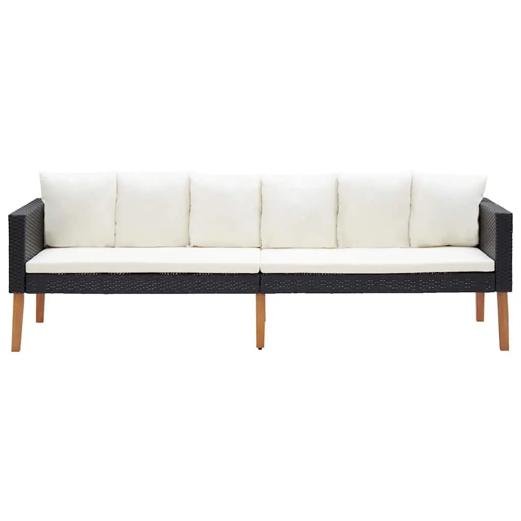 3-Seater Garden Sofa Black Poly Rattan Outdoor Lounge Seating with Cushions