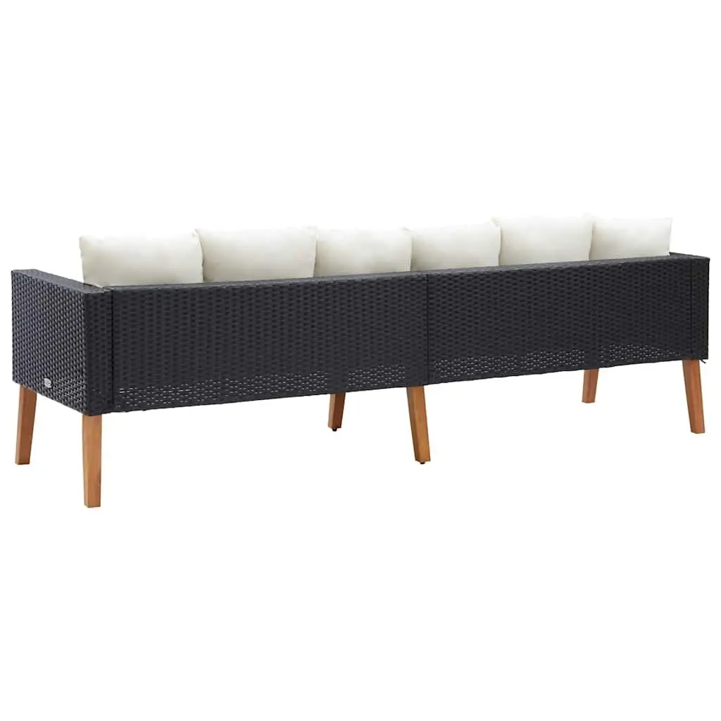 3-Seater Garden Sofa Black Poly Rattan Outdoor Lounge Seating with Cushions