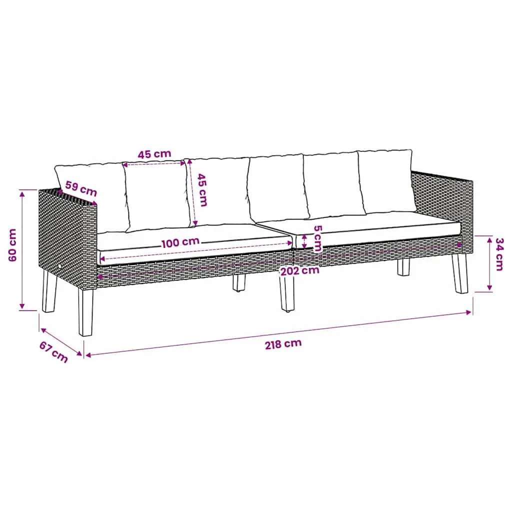 3-Seater Garden Sofa Black Poly Rattan Outdoor Lounge Seating with Cushions