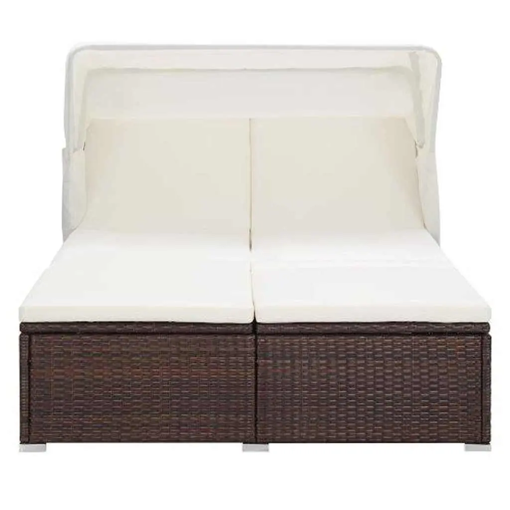 2-Person Sunbed Lounger for Relaxation Brown with Cushion Foldable Roof Outdoor Patio Garden