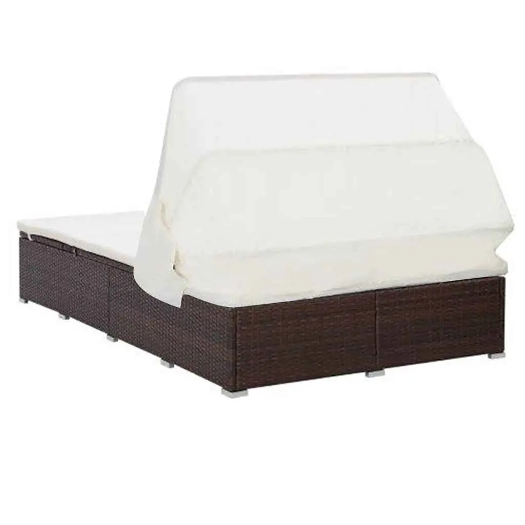 2-Person Sunbed Lounger for Relaxation Brown with Cushion Foldable Roof Outdoor Patio Garden